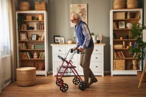 Alter Mann mit Rollator in der Wohnung