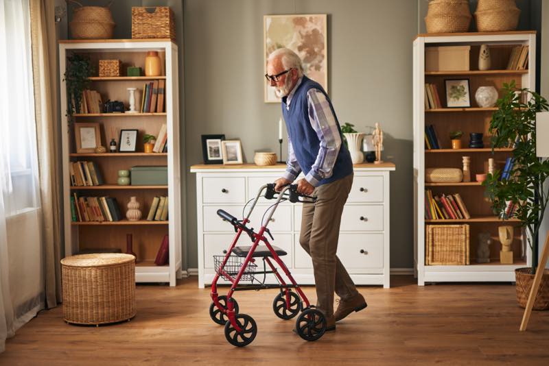 Alter Mann mit Rollator in der Wohnung